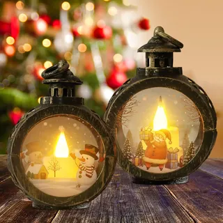 Weihnachts Schneekugel Laterne,2 Stück Weihnachtsdeko Laterne,Flammenlose Weihnachtskerzen,Weihnachtslaterne Vintage für Schlafzimmer Garten Balkon Kamins zum Tragen,Aufhängen oder als Tischdeko (A)