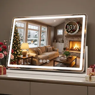 Antok Schminktischspiegel Schminkspiegel mit Beleuchtung - 81x56 cm Kosmetikspiegel Tisch Spiegel LED 360° Drehung 3 Farbtemperatur 10X Vergrößert mit Touch Steuerung