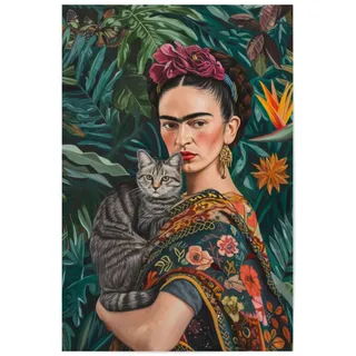 artboxONE Poster 90x60 cm Natur Frida Kahlo mit Grauer Katze - Bild Frida Kahlo Katze Pflanzen
