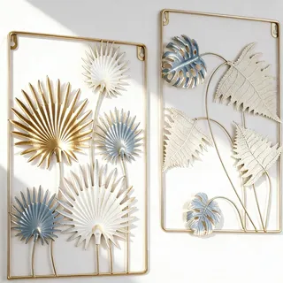 WPAJIRZO 2er Set Wanddeko Metall - Skandinavisches Design mit Blattmotiv für Wohnzimmer, Schlafzimmer & Büro - Ästhetische Wanddekoration in Gold