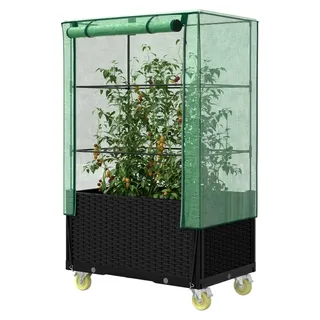 Hochbeet mit Abdeckung und Rädern - Rattanoptik - 80 x 50 x 182 cm - Schwarz, Grün
