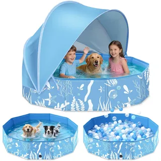 Haozozo Faltbarer Hundepool mit Abnehmbarem Sonnendach, 120cm Robustes Planschbecken für Kinder & Hunde Pool mit Dach, Rutschfestes Hundebadewanne und Kinderpool für Garten Outdoor Camping