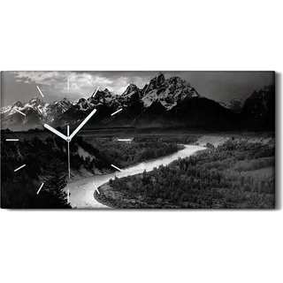 Wanduhr Leinwand Bild Uhr 60x30 Kunst Fluss Vintage dunkle Berge Retro - weiße Hände - Grau