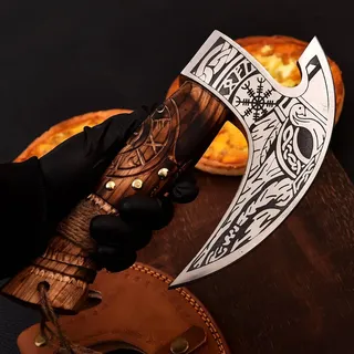 TATLA CRAFT Pizzaschneider ULU Wiegemesser – Handgeschmiedetes Pizzamesser aus Carbonstahl, Klinge 22 cm – Gravierter holzgriff & Lederscheide – Pizza, Kräuter & Grill (Engraved Ash Wood Handle)