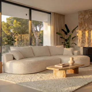 Mendler Sofa-Garnitur HWC-P19, 3-Sitzer Couch Loungesofa, Stoff/Textil Cord (370 g/m2) Liegefläche rechts weiß - Weiß