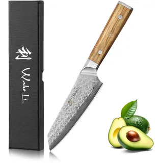 Wakoli Oribu Kiritsuke Messer aus echtem Damaststahl (VG10 Kern) mit 15 cm Klinge – Scharfes Küchenmesser und präzises Kochmesser für alle Schnitte – Damastmesser mit Olivenholzgriff in Geschenkbox
