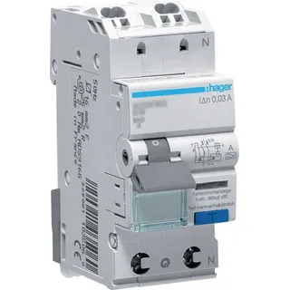 Hager Fehlerstrom-Leitungsschutzschalter 1P+N 6kA B-16A 30mA Typ A QuickConnect (ADS916D)