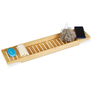 Relaxdays Badewannenablage Bambus, Gitter HBT: 4,5 x 14,5 cm Wannenbrücke, Ablage, Holz, Badewannentablett, natur