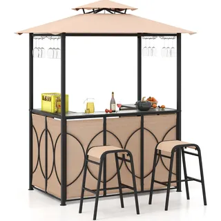 COSTWAY Gartenbar Set, Bartisch mit 2 Barhocker, Metallregalen & Glashalter, Grillpavillon mit Doppeldach, Gartentheke Braun - Braun