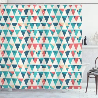 ABAKUHAUS Geometrisch Duschvorhang, Triangle Hexagons, Stoffliches Gewebe Badezimmerdekorationsset mit Haken, 175 x 180 cm, Turquoise Teal Coral