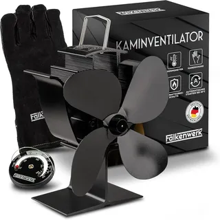 falkenwerk Ofenventilator schwarz ohne Strom inkl. Kaminthermometer & Ofenhandschuh