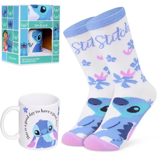 Disney Stitch Tassen-Geschenkset, Kuschelige Damen Socken & Keramik Tasse, Geschenke für Frauen & Teenagers (Weiß/Blau)