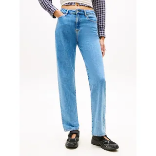 Straight-Jeans TOMMY JEANS "KIRA MR SLIM STR", Damen, Gr. 29, Länge 32, denim light, Denim/Jeans, Obermaterial: 99% Baumwolle, 1% Elasthan, Abriebeffekte, regular fit knöchellang, Jeans Straight-Jeans