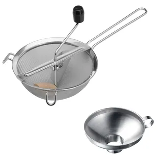Westmark Einkoch-Set, 1 Passiersieb/Passe-vite + 1 Einmach-/Marmeladen-Trichter mit langem Einfüllstutzen, Rostfreier Edelstahl/Holz, Freches Früchtchen, Silber/Schwarz, 119822E6