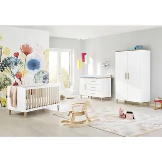 Pinolino Babyzimmer , Weiß, Eichefarben , Holzwerkstoff , 3 Fächer , 3 Schubladen , zum Juniorbett umbaubar, höhenverstellbar, Sprossen mit Normabstand, zum Sitzsofa umbaubar, Aufbauanleitung im Karton, Lattenrost inklusive, Schlupfsprossen , Babymöbel & Kindermöbel, Babyzimmer, Babyzimmer-Serien