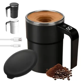 Hojalis Selbstrührende Tasse, 380ml Automatische Magnetische Rührkaffeetasse, Magnetische Selbstrührende Tasse mit Temperaturanzeige, Selbstrührender Kaffeebecher Für Picknick Camping Hotel (Schwarz)