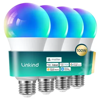 Linkind Matter smart glühbirne E27, 1600lm smart homekit lampe (104 Szenen) 14W ersetzt 100W WLAN LED Lampe RGBTW 2,4-GHz kompatibel Apple HomeKit/Alexa/Siri/Google/SmartThings, 4 Stück
