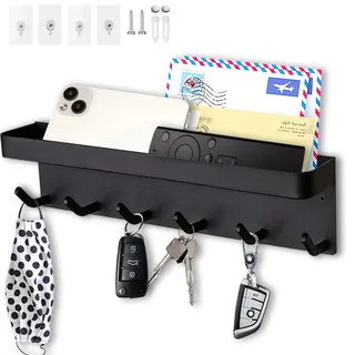 Echehi Leichte Schlüsselhalter mit 6 Haken, Einfach zu Installierende Schlüsselbrett Ohne Bohren, Metall Schlüsselablage, Briefständer, Geeignet für Eingangsbereiche und Hinter Türen. Schwarz