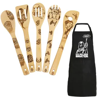 DaceStar Star Wars Grillschürze für Männer und Kochlöffel Holz, Star Wars Geschenke, Lustig Kochschürze Herren, Star Wars Merch, Star Wars Deko, Star Wars Vatertag Geschenke für Männer