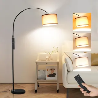 ANTENLICHT AURA Bogenlampe mit Fernbedienung Schwarz | Wohnzimmer Stehlampe Dimmbar | Inklusive LED E27 I Braun Stoffschirm 33 cm I Fußschalter I Bogenleuchte Vintage geeignet für Schlafzimmer, Hotel