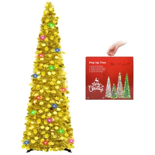 N&T NIETING Künstlicher Weihnachtsbaum mit Beleuchtung, Pop Up Weihnachtsbaum 150cm, Pailletten Weihnachtsbaum künstlich Weihnachtsdeko für Weihnachten, Partybedarf, Haus Dekoration, Golden