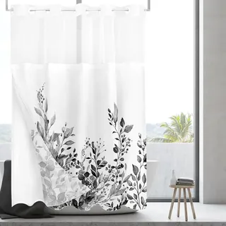 Tititex Duschvorhang-Set ohne Haken, Motiv: Schwarze Eukalyptusblätter, Hotel-Luxus, doppellagig, wasserdichter Stoff und durchsichtiges Fenster, Badezimmer, dekorativ, 152,4 x 183,9 cm