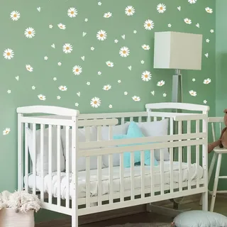 WandSticker4U®- [114 Sticker] Wandtattoo GÄNSEBLÜMCHEN & HERZCHEN Kinderzimmer I Wandsticker Gänseblümchen klein I Fahrrad Möbel Sticker Mädchenzimmer Frühling Wanddeko Blumen weiß