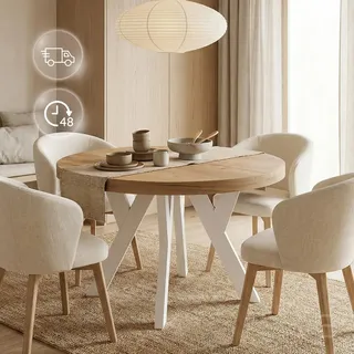 Runder Ausziehbarer Tisch für Esszimmer, PERO, Loft-Stil, Skandinavische, Durchmesser: 90 / 140 cm, Farbe: Eiche Craft Golden / Weiss - Bronze, Weiß