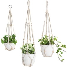 Mkouo 3er Set Makramee Blumenampel Pflanzenhänger Innen Pflanzkorb Hängender Blumentopfhalter Baumwollseil mit Perlen ohne Quasten, 58cm/73cm/89cm