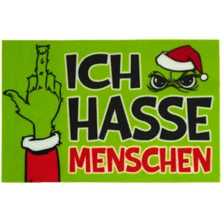 Muffel Schmutzfangmatte Festtagsmuffel | Lustige Fußmatte mit Spruch „ICH HASSE MENSCHEN“ | Neon Grün Schriftzug | 40x60 cm | Rutschfest, Gummierte Unterseite | Ironisch, Frech, Humorvoll | Geschenk