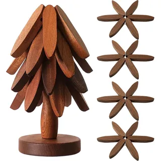 Untersetzer Holz, Topfuntersetzer Set in Walnuss, 4 Stück mit Ständer, Baum Design, für Tisch und Küche, Schutz vor Hitze und Kratzern