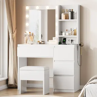 Jocoevol Schminktisch mit Spiegel und LED Beleuchtung,140 x 94 x 40 cm | 12 LED Lichtkugeln, 3 Farben, Dimmbar, mit Steckdosenleiste, Kosmetiktisch​ mit 4 Schubladen und 2 Offenen Ablagen, Modern