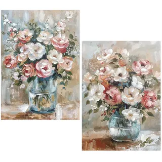 DRW Leinwandbild, Vase mit Blumen, handbemalt, in Weiß, Rosa und Blau, 50 x 3 x 70 cm