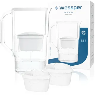 Wessper Wasserfilter Kanne 2,8 L Aqua Max Basic, Set Wasserkanne und 2 Filter Kompatibel mit Brita Maxtra, Wasserfiltersystem Reduzierung von Kalk, Chlor - Weiß