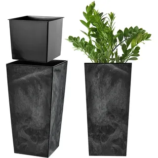 KADAX Pflanzkübel mit Innentopf, Höhe 36cm, 18x22cm, ca. 8L – Beton-Optik Schwarz, Frostsicherer Blumentopf für Innen & Außen, Garten, Balkon & Terrasse, UV-beständig, wetterfest