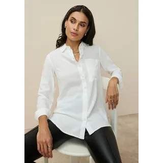 Hemdbluse TAMARIS "mit lockerem Schnitt, aus fließender Viskose-Qualität", Damen, Gr. 42, beige (naturweiß), Web, Obermaterial: 100% Viskose, figurumspielend Po-bedeckend, Manschette, Blusen Hemdbluse, im Oversize-Look mit Tasche