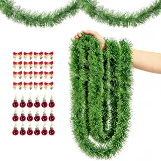 Weihnachtsgirlande 22m Nicht Beleuchtung Künstliche grüne Tannenzweiggirlande Weihnachtsdeko Weihnachten für In-&Outdoor Girlande mit 45 Weihnachtsball und 45 Schmetterlingsknoten Deko