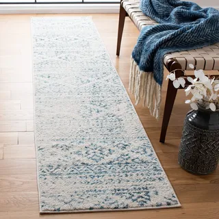SAFAVIEH Boho Teppich für Wohnzimmer, Esszimmer, Schlafzimmer - Tulum Collection, Kurzer Flor, Elfenbein und Türkis, 61 X 213 cm