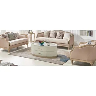 Creme Couchtisch Ovaler Wohnzimmer Tisch Glastisch Holz Luxus Couchtische Möbel - Weiß