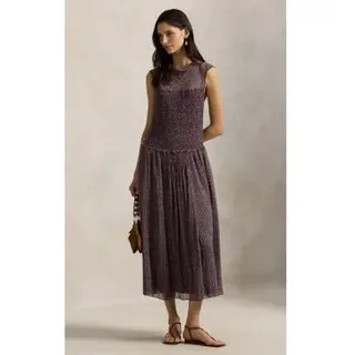 Polo Ralph Lauren für Damen. 211A96341001 Fliederfarbenes Kleid aus bedrucktem Knitterstoff (M), Lässig, Viskose, Ärmellos / Hosenträger