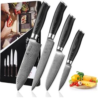 4er Damastmesser-Set - Klingen von 8 cm bis 18 cm Länge aus echtem Damaststahl mit Mircata-Griffen Serie Wakoli Mikata