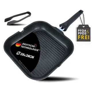 DIVORY Grillpfanne 28 cm – Gerippte Antihaft-Oberfläche, abnehmbarer Griff – Für alle Herdarten geeignet, Induktion – Steakpfanne für Steaks & Grillgemüse, inkl. Grillzange – Frei von PFOA & PFOS