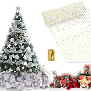 Weihnachten Lametta Girlande, Glänzend Weihnachtsbaum Ornamente, Kranz, Dekoration, Metallfolien-Netzband Für Weihnachten 26 cm X 9,14 m (Weißes Gold)