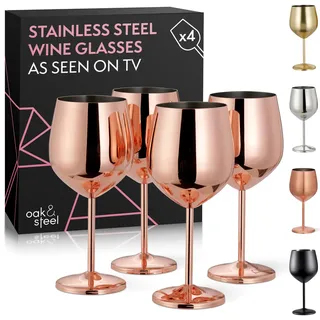 Oak & Steel - 4 Edelstahl Weingläser Geschenkset (540ml) - Roségold/Kupfer - Robust & Unzerbrechlich - Tragbar für Reisen, Camping, Outdoor, Picknicks