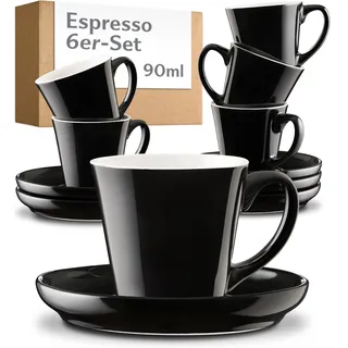 Cosumy Espressotassen Set 6er Schwarz mit Untertassen - Keramik - Hält Lange Warm - Mokkatassen Stapelbar Spülmaschinenfest - Espresso Tassen mit Henkel - Geschenkbox - Espressobecher Design - 70ml