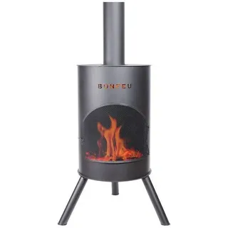 BonFeu BonTon 50 Schwarz - Terrassenofen - Feuerstelle mit Funkenschutz für entspannte Abende  - Feuersäule Outdoor - Terrassenkamin mit Grillrost - Gartenofen aus hochwertigem Cortenstahl - L 50 x B 50 x H 172 cm - Schwarz