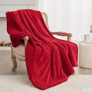 SOCHOW Sherpa Decke Klassisch Rot zweiseitige Wohndecken Kuscheldecken, extra Dicke warm Sofadecke/Couchdecke aus Sherpa, 220 x 240 cm super flausch Fleecedecke als Sofaüberwurf oder Wohnzimmerdecke