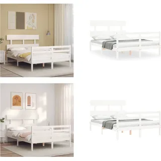vidaXL Massivholzbett mit Kopfteil Weiß 120x200 cm - Bettrahmen - Bettgestell - Bett - Doppelbett - Weiß
