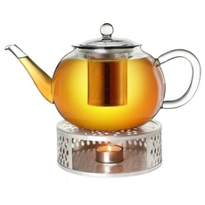 Bild von Teekanne aus Glas 1,6l + ein Stövchen aus Edelstahl, 3-teilige Glasteekanne mit integriertem Edelstahl Sieb und Glasdeckel, ideal zur Zubereitung von losen Tees, tropffrei