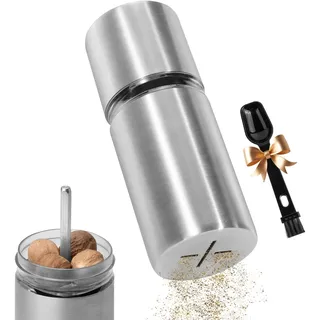 Virklyee Muskatmühle Muskatnuss Mühle Gewürzmühle mit Aufbewahrungsbehälter für 4 Nüsse, Muskatnüssen aus Edelstah,Einfach zu Reinigen,für Küche,Restaurant(Silber)